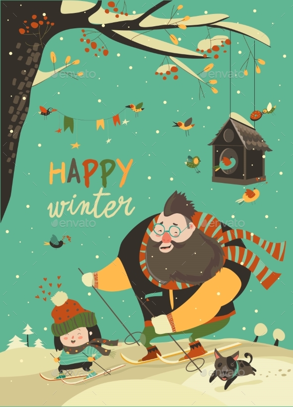 GraphicRiver Happy Father and Daughter Skiing in Snow 20924018 GraphicRiver Happy Father and Daughter Skiing in Snow 20924018