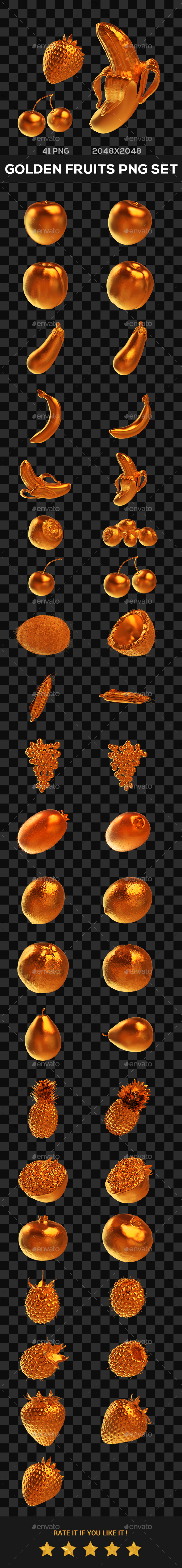 Golden Fruits PNG Set - Objects 3D Renders