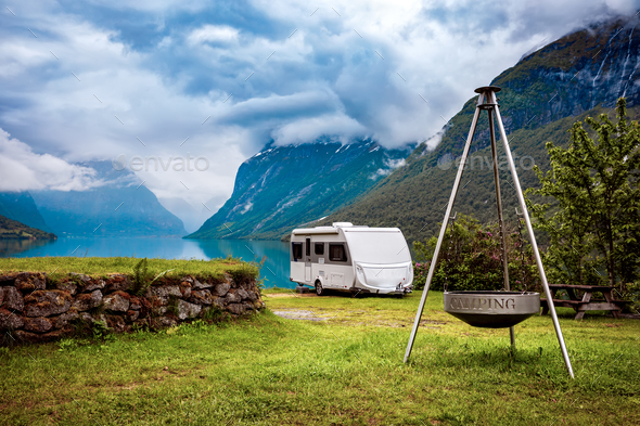 Family vacation travel, holiday trip in motorhome - Stock Photo - Images