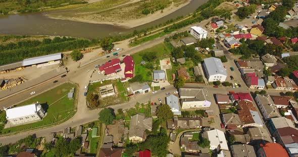 Panoramic Aerial Drone View of Small Town