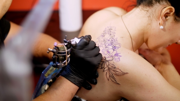 Tattoo Salon , a Specialist Is Doing a Tattoo on Woman's Back, Black Paint Floral Ornament. a alt