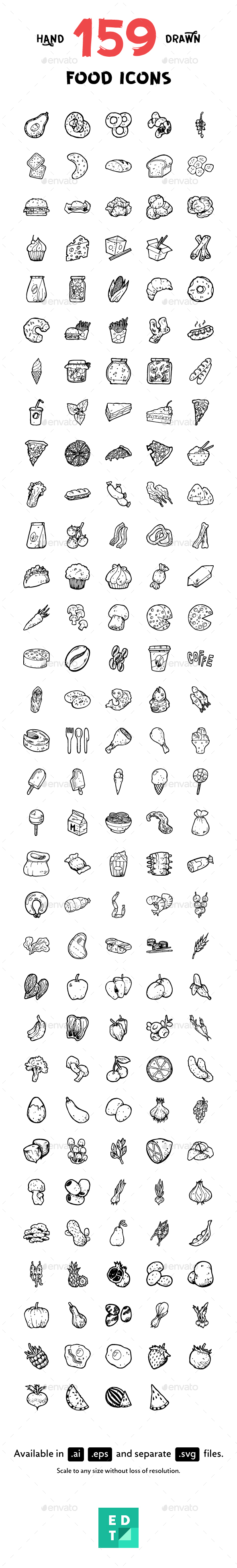 159 Food Hand-Drawn Icons - Food Objects