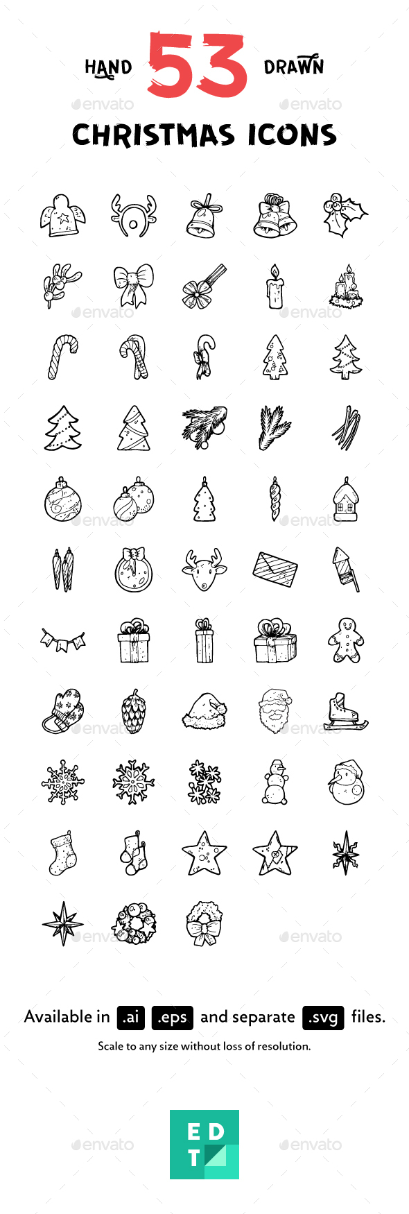 53 Christmas Hand-Drawn Icons - Seasonal Icons