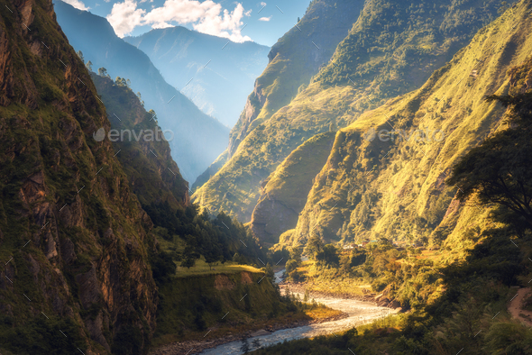 Amazing landscape with high Himalayan mountains, river - Stock Photo - Images