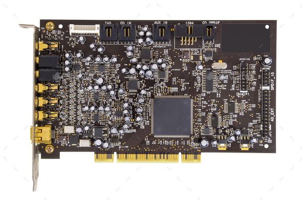 Computer sound card on white background
