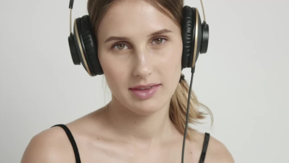 Hot Girl in Underwear and Overhead Headphones
