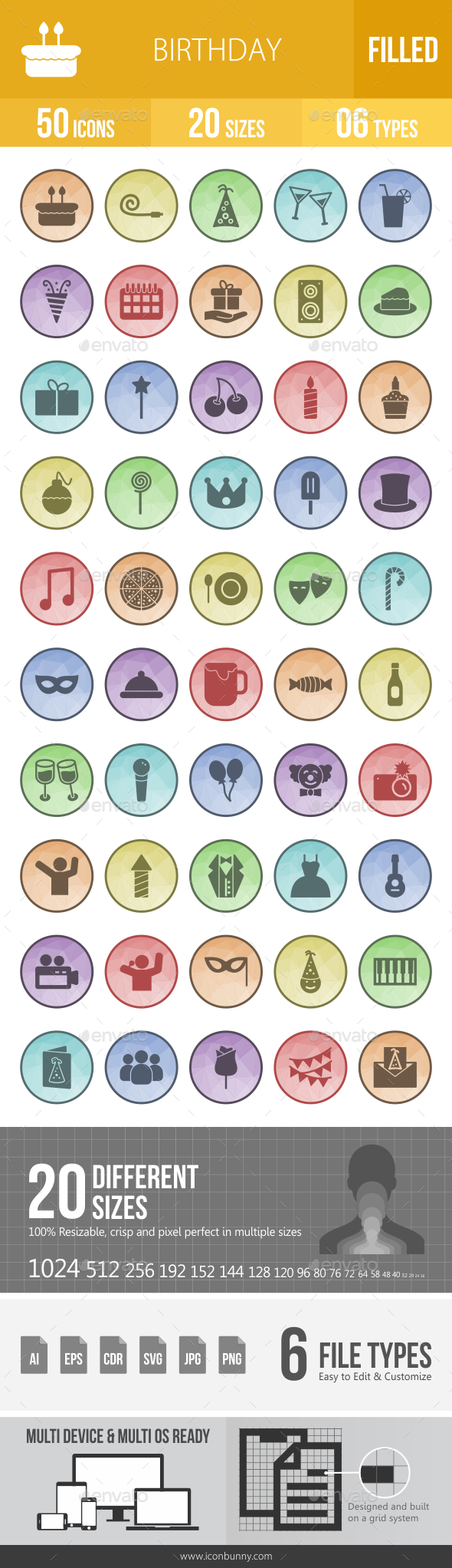 Birthday Filled Low Poly B/G Icons - Icons