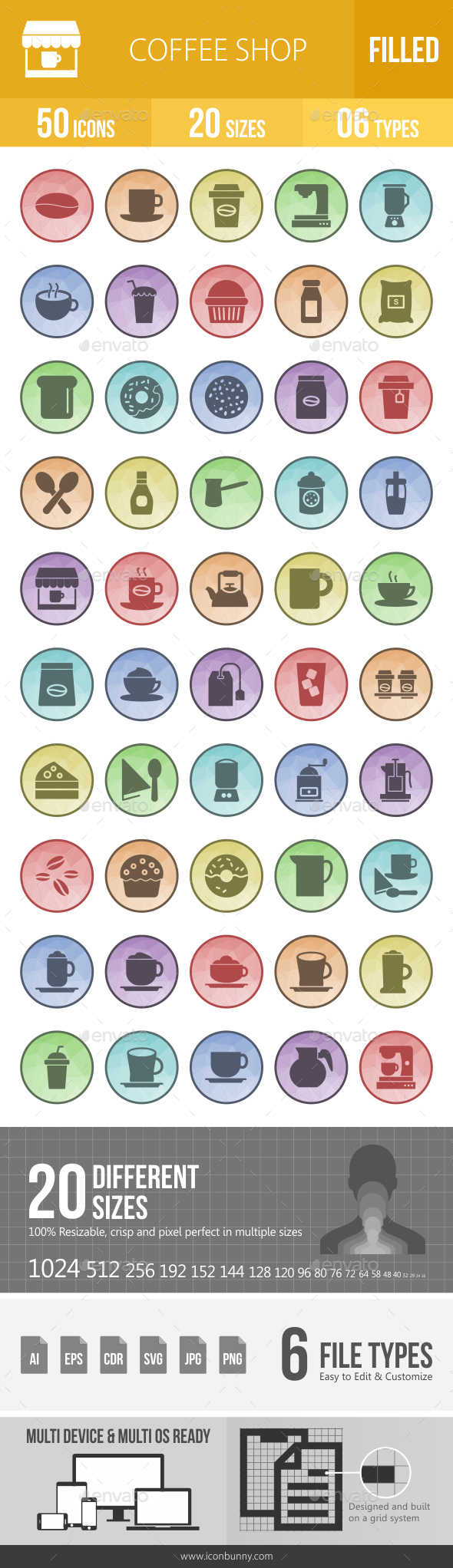 Coffee Shop Filled Low Poly B/G Icons - Icons