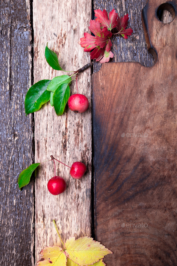 Leaves and small apple around empty cutting board - Stock Photo - Images