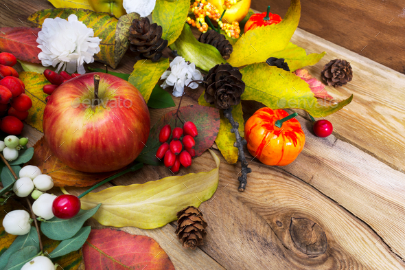 Rustic Thanksgiving wreath with pumpkin, apple, berries and whit - Stock Photo - Images