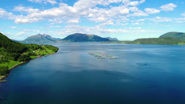 Aerial Footage Farm Salmon Fishing in Norway alt