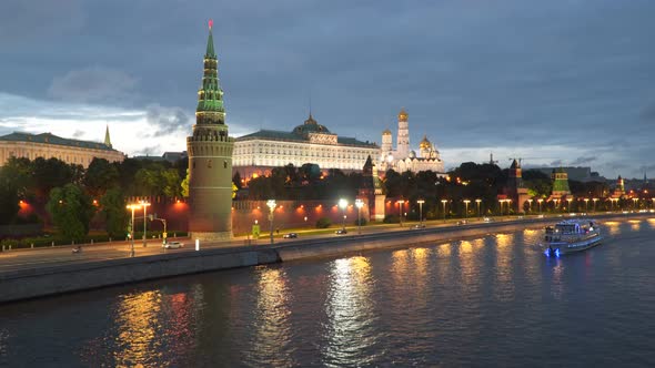 Pleasure Boats Sail Along the Moscow River Near the Kremlin Walls