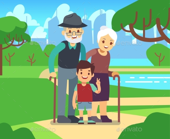 GraphicRiver Cartoon Older Couple with Grandson in Park 20936266 GraphicRiver Cartoon Older Couple with Grandson in Park 20936266