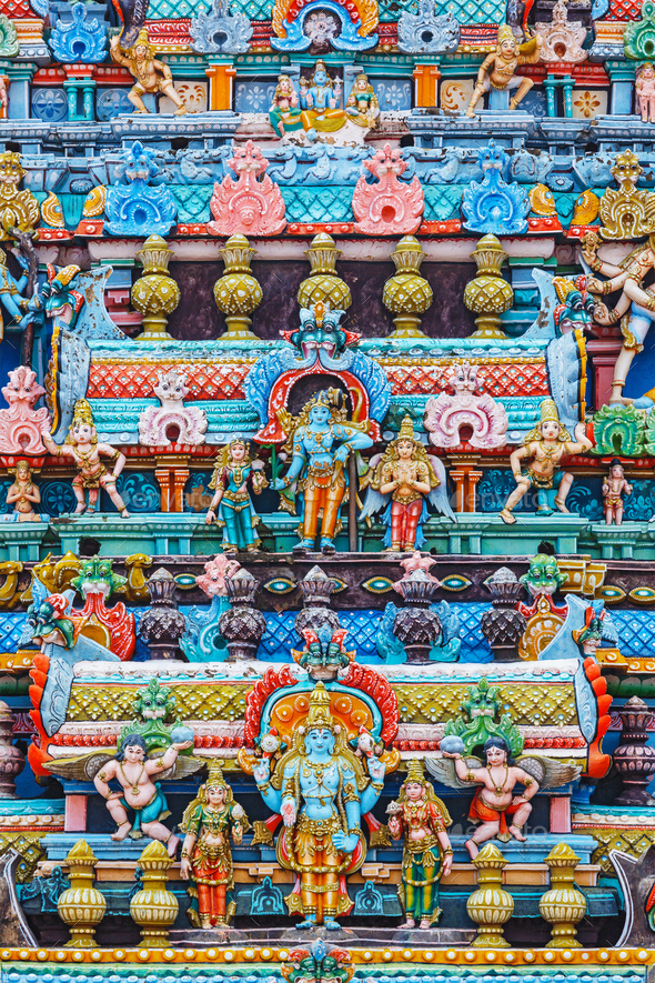 Bas reliefes on gopura tower of Hindu temple. Sri Ranganathasw
