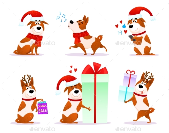 Xmas Flat Puppy Emoji Collection - Animals Characters