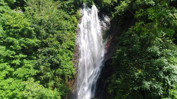 Aerial View From the Top To Bottom of the Waterfall Flows Down the Slope on Adam's Peak in Sri Lanka alt