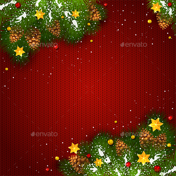 Christmas Decorations with Snow and Stars on Red Knitted Background - Christmas Seasons/Holidays