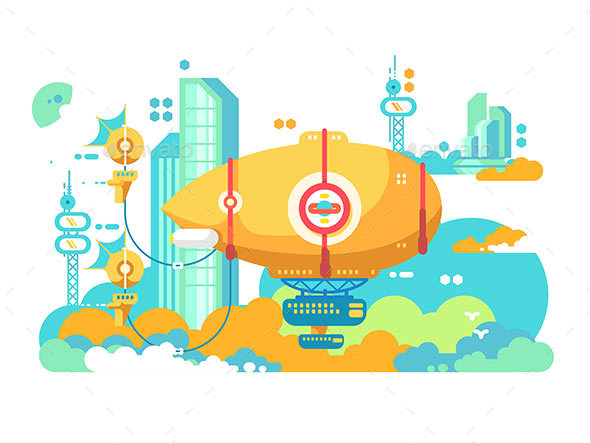 Airship Hovering in City Design Flat - Miscellaneous Vectors