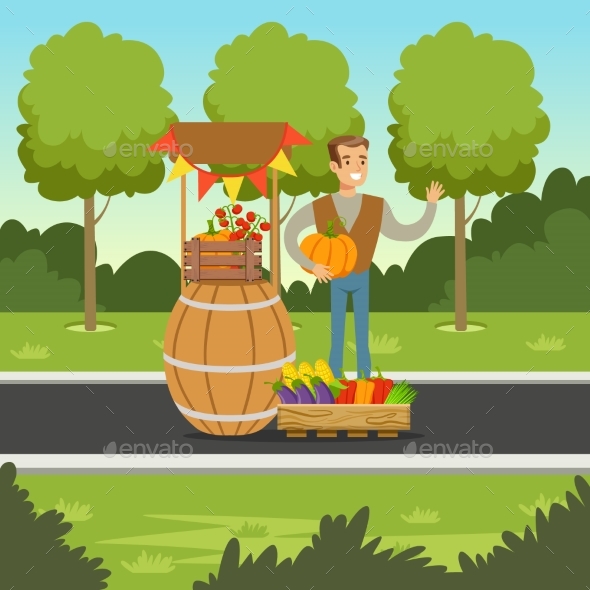 Cheerful Farmer Man Selling Vegetables - Food Objects