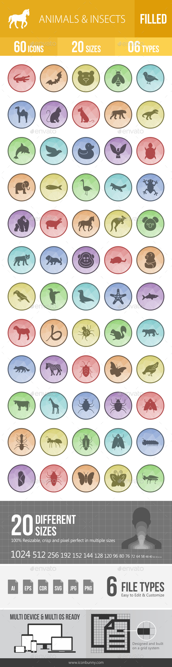 Animals & Insects Filled Low Poly B/G Icons - Icons