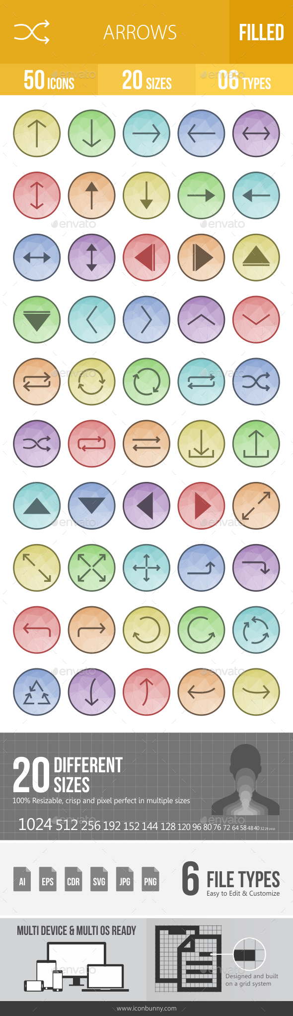 50 Arrows Filled Low Poly B/G Icons - Icons