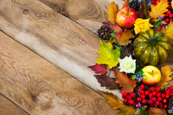 Fall rustic background with colorful fall leaves, green pumpkin, Stock ...