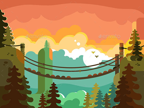 Suspension Bridge in Jungle Design Flat - Miscellaneous Vectors