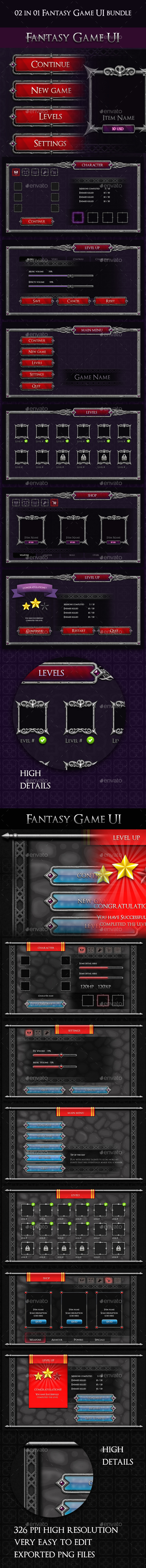 02 in 01 Fantasy Game UI Bundle - User Interfaces Game Assets