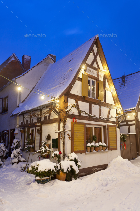Little Christmassy House At Night With Snow - Stock Photo - Images