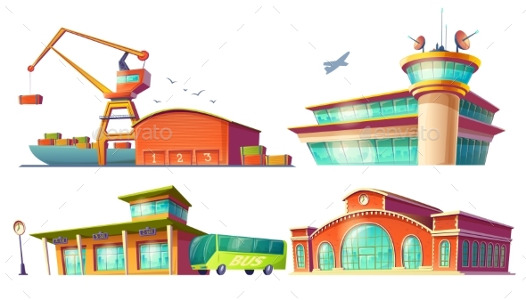 Cartoon Icons of Bus Station, Airport and Sea Port - Buildings Objects
