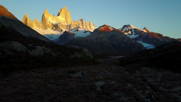 View of Mount Fitz Roy From the Air. Autumn Dawn. Patagonia, Argentina alt