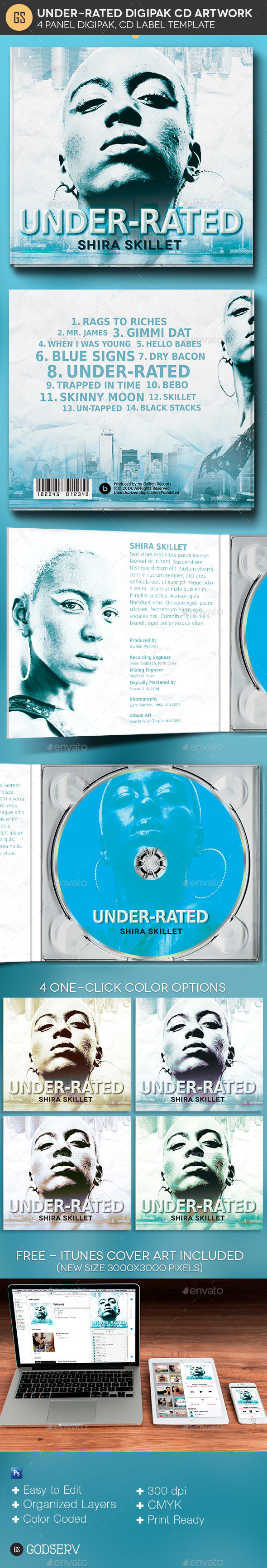Underrated 4 Panel Digipak CD Artwork Template - CD & DVD Artwork Print Templates
