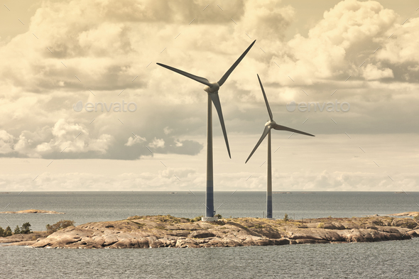 Wind turbines in the baltic sea. Renewable energy. Finland seascape