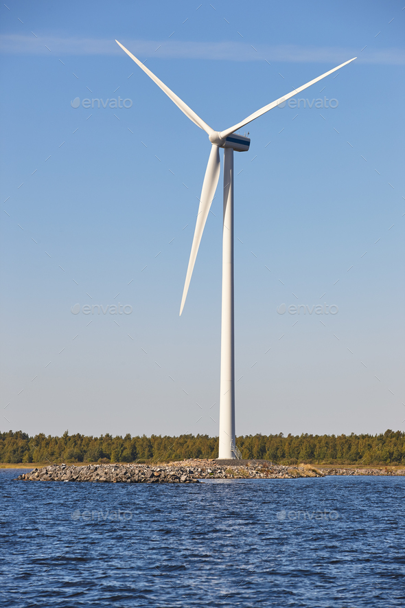 Wind turbine in the baltic sea. Renewable green energy. Finland