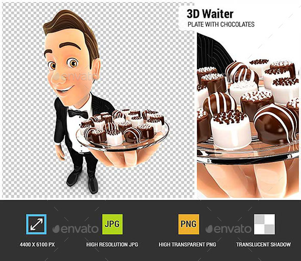 GraphicRiver 3D Waiter Holding Plate with Various Chocolates 20952873 GraphicRiver 3D Waiter Holding Plate with Various Chocolates 20952873