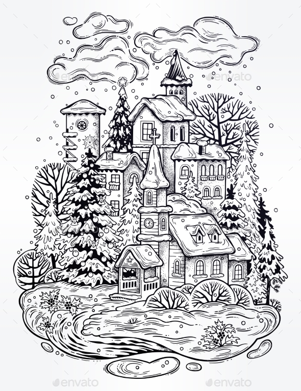 Snowy Winter Festive Cityscape. The City on - Christmas Seasons/Holidays