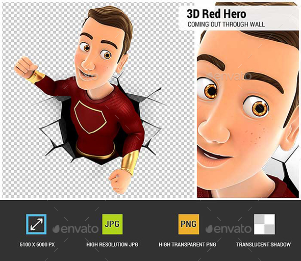 GraphicRiver 3D Red Hero Coming out Through a Wall 20959572 GraphicRiver 3D Red Hero Coming out Through a Wall 20959572