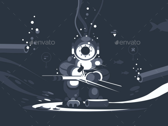 Diver Welder at Bottom Repairs Pipe - People Characters