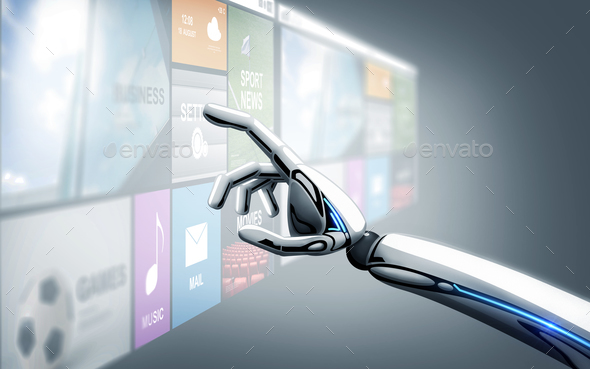 robot hand touching virtual screen with apps