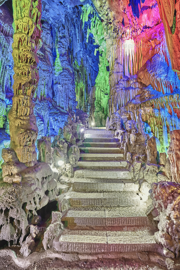 Stone stairs in Reed Flute Cave in Guilin, China.