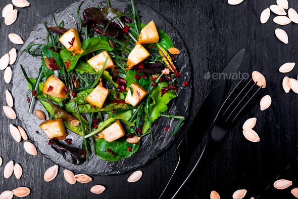Warm pumpkin salad with raspberries - Stock Photo - Images