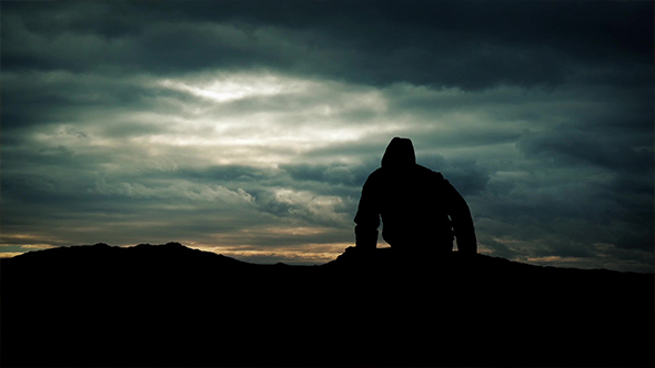 Man Walks Over Hill On Dramatic Sky Silhouette, Stock Footage | VideoHive