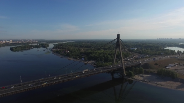 Aerial Drone Flight Footage of Bridge over Dnieper River