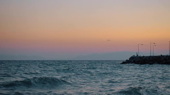 Evening Waterscape with Wavy Sea, Rocky Pier and Flying Gull alt