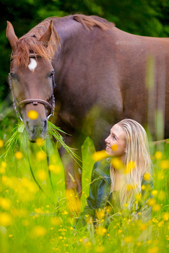 Smiling woman sits in the meadow with her arabian horse - Stock Photo - Images