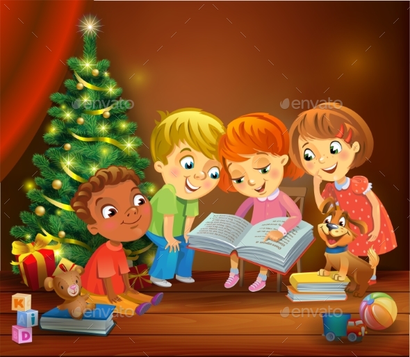 GraphicRiver Kids Reading the Book Beside a Christmas Tree 20968271 GraphicRiver Kids Reading the Book Beside a Christmas Tree 20968271