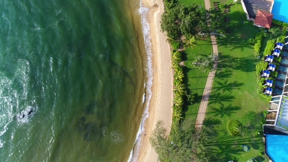 Aerial View From the Top of Hotel and Sandy Beach That Washing By Sea Waves in Sri Lanka
