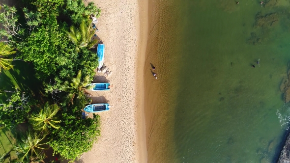 Aerial View in Motion of People Swiming in Sea Near Sandy Beach with Treesin Sri Lanka