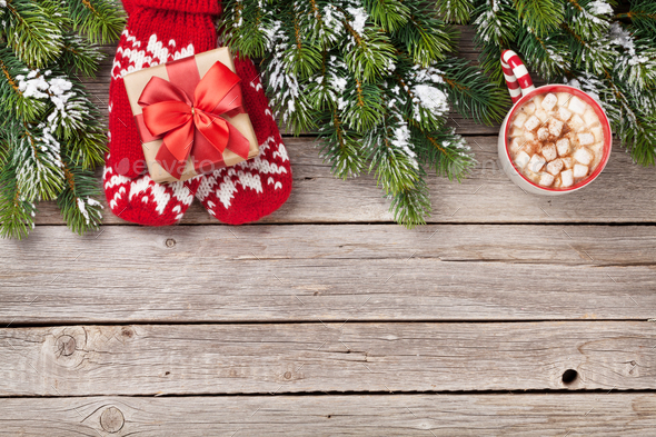 Christmas fir tree, gift box, hot chocolate