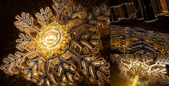 Snowflake Opener 3D/ Gold Metal Intro/ Syfy Winter/ High Technology Snow Intro/ HUD Logo/ New Year